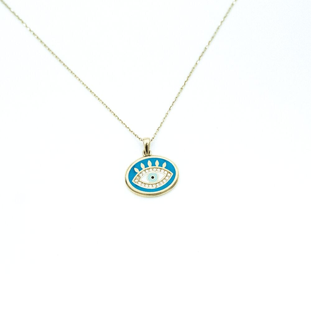 14 Ayar Mavi Mineli Göz Altın Kolye