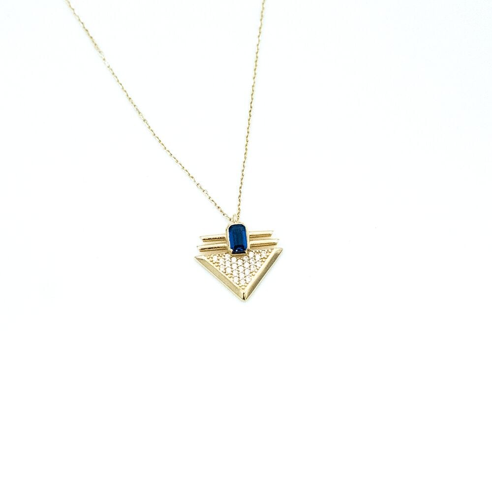 14 Ayar Mavi Taşlı Üçgen Altın Kolye