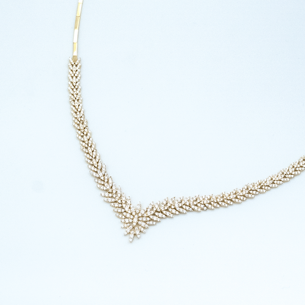 14 Ayar Taşlı Kesim Detaylı Sarı Altın Gerdanlık