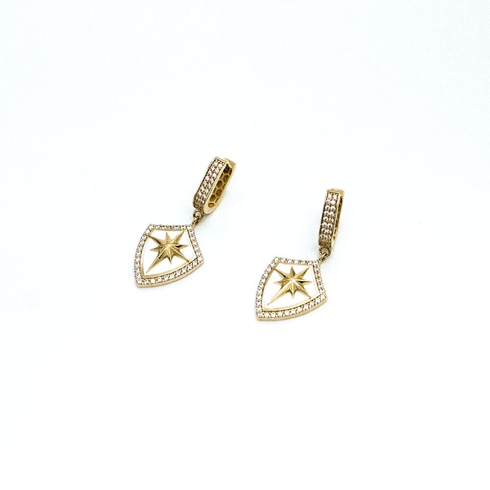 14 Ayar Kalkan Model Beyaz Mineli Altın Küpe